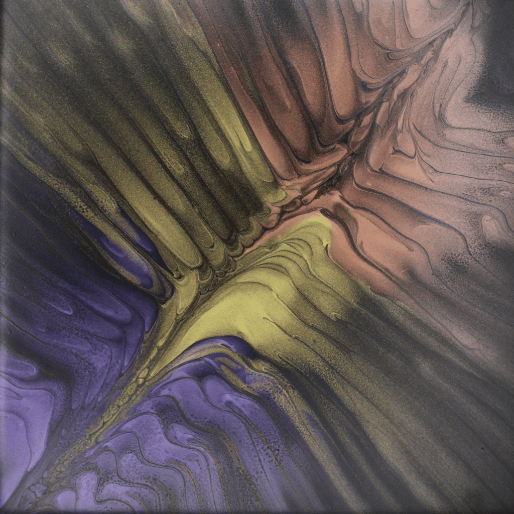 abstract feather painting in purple, gold, and copper.